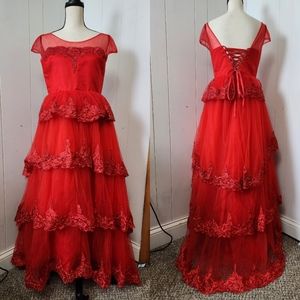 red Lace tulle formal flower girl pageant Quinceañera formal dress KNCERY sz 14